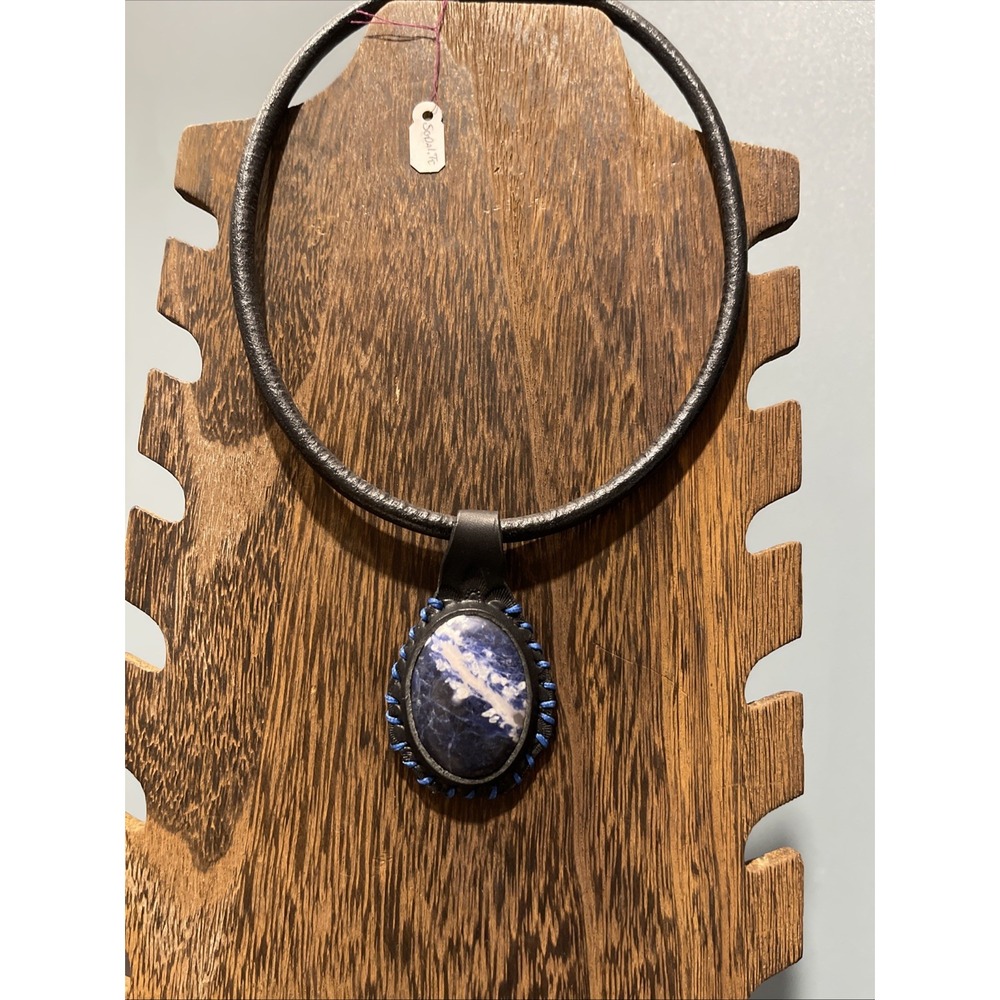 Natural Sodalite Gemstone Necklace Genuine Leather Wrapped Statement Jewelry 19"